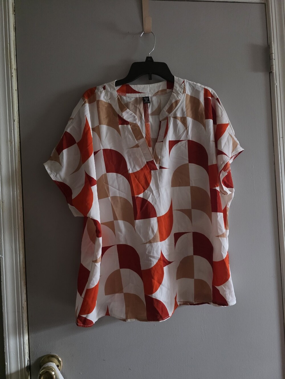 SHEIN Red & Cream Geometric Short Sleeve Blouse